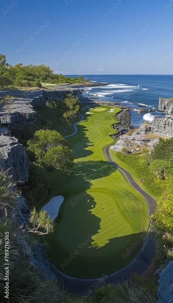Panoramic view of golf course on cliffs with iconic rock arches overlooking blue sea