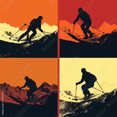 Set of silhouette of skier, skiing - vector illustration