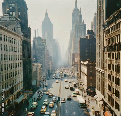 A vintage photograph of the bustling streets and skyscrapers of New York City in early morning, with classic cars driving down busy residential road, capturing the essence of urban life during that er