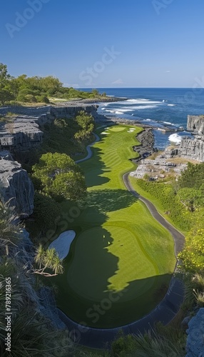Panoramic view of golf course on cliffs with iconic rock arches overlooking blue sea