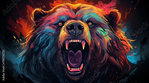 Dynamic Colorful Bear Head Roaring with Abstract Design