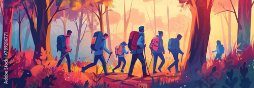 Tourist Guide concept. Traveler tries to find a way. A group of friends explore the city. They were trekking on forest paths. set flat vector modern illustration