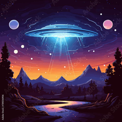UFO and aliens, illustration isolated on white background and against the background of the night starry sky