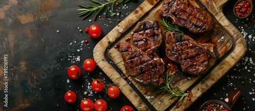Top view of a cutting board with grilled beef steak seasoned with spices and room for text