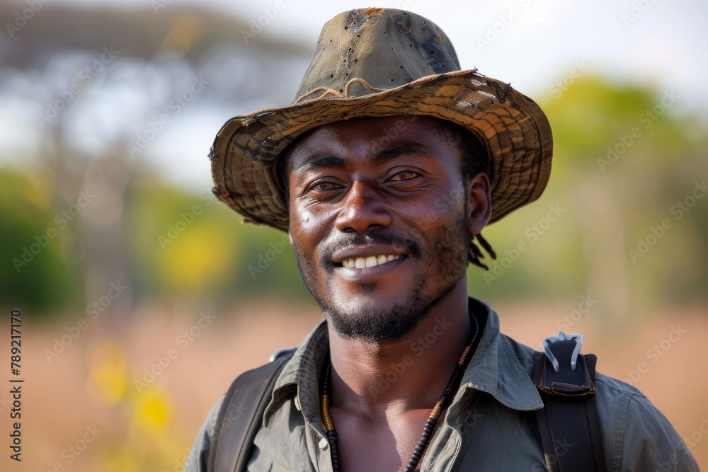 Close-up of a smiling man with a leather hat looking confidently at the camera in an African savannah setting