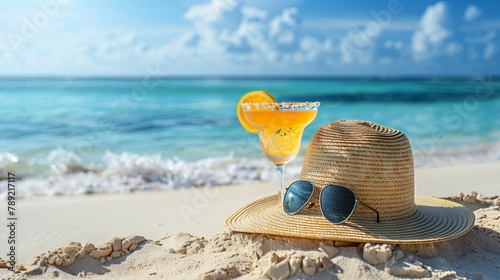 Straw hat and sunglasses on a sparkling beach, Summer Vacation Hat and Sunglasses, business travel concept, Holiday summer beach background