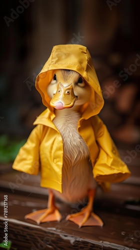 A cute duck wearing a yellow raincoat