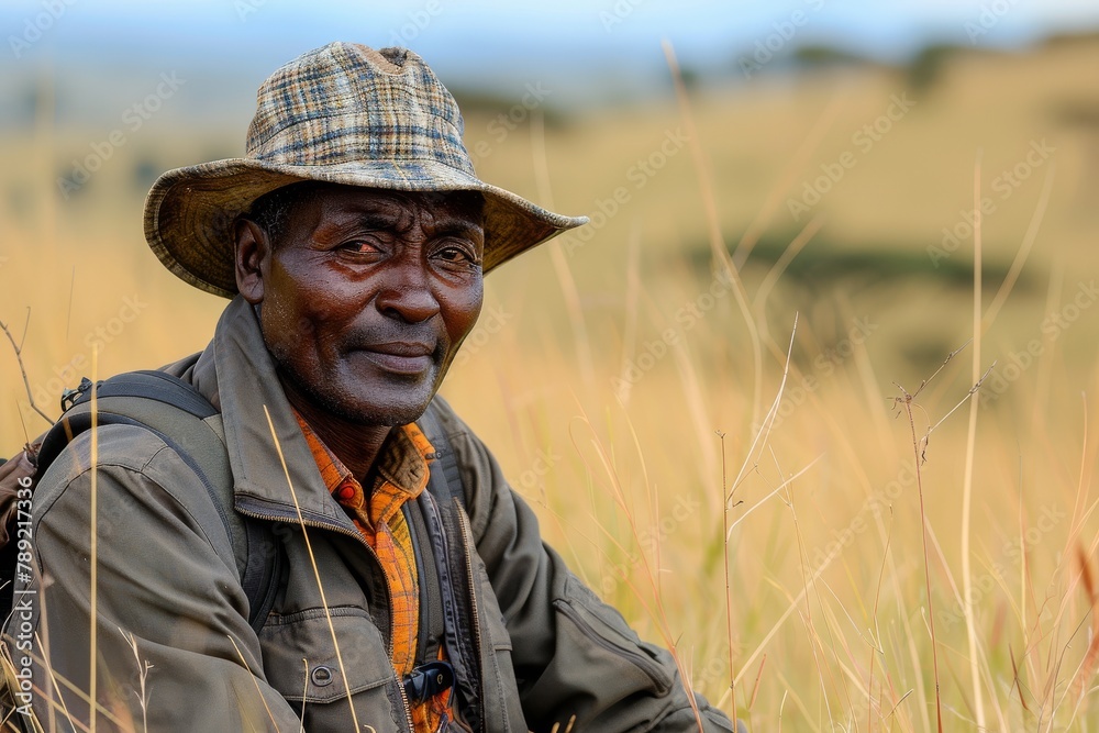 Elderly man smiling gently, wearing a checked hat in a field at dusk, exuding contentment