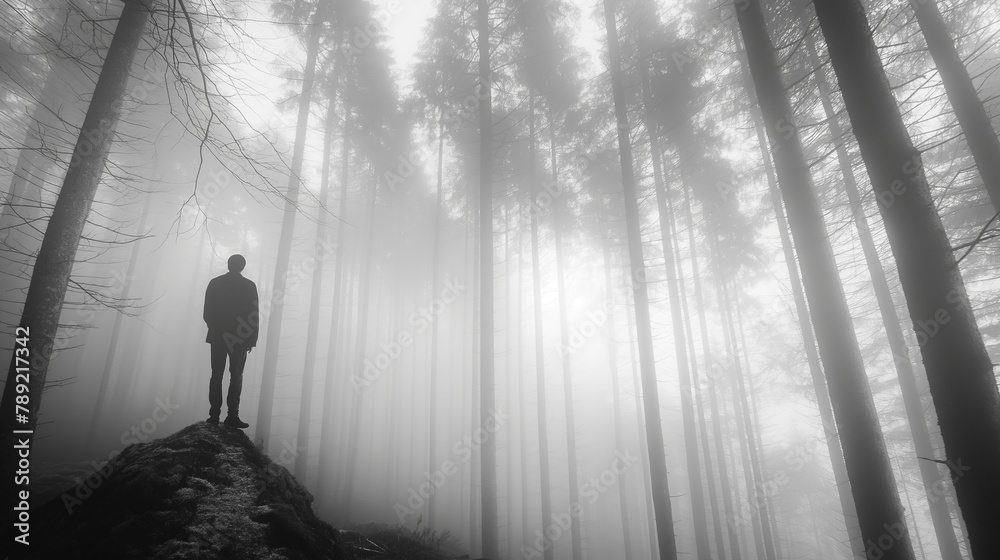 Silhouette of a man standing over a rock in a foggy forest. Copy Space.