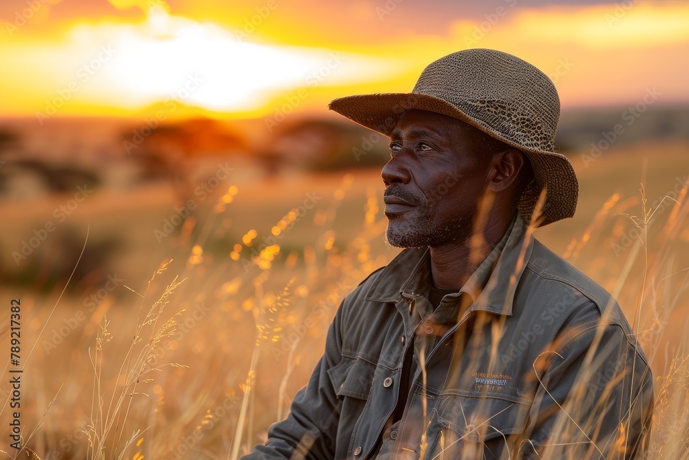 The silhouette of a man wearing a safari hat is captured against a warm African sunset, suggesting adventure and the beauty of nature