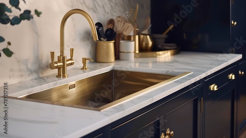 showing a gold sink with gold single lever monobloc tap inset in white marble kitchen counter over navy wood grain effect floor cabinets
