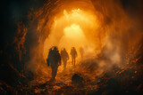 A group of explorers discovering a hidden chamber containing a time machine prototype.Group explores cave emitting smoke, creating an eerie atmosphere