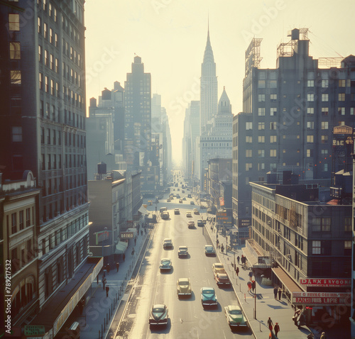 A vintage photograph of the bustling streets and skyscrapers of New York City in early morning  with classic cars driving down busy residential road  capturing the essence of urban life during that er