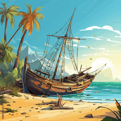 Wrecked ship on tropical island. Vector cartoon illustration of old abandoned sailboat with damaged board  torn sails on mast  cracked steering wheel  green palm tree on sandy beach  shipwreck scene
