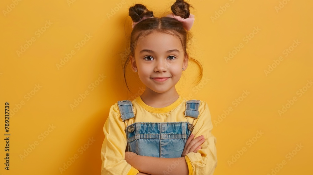A little girl on a yellow background smiles easily at the camera A little girl on a yellow background smiles easily at the camera