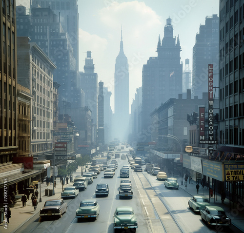 A vintage photograph of the bustling streets and skyscrapers of New York City in early morning, with classic cars driving down busy residential road, capturing the essence of urban life during that er