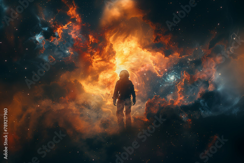 A time traveler witnessing the birth of stars and galaxies in the early universe. Astronaut surrounded by galaxy in the vastness of space photo