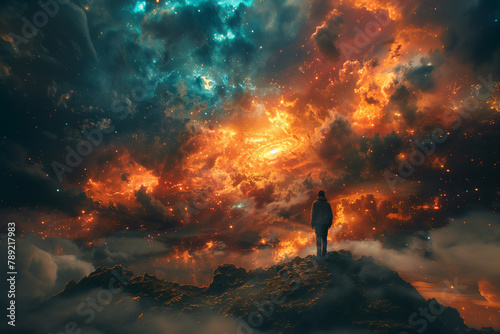 A time traveler witnessing the birth of stars and galaxies in the early universe. Man on mountain admiring colorful cumulus clouds in the dusky afterglow sky