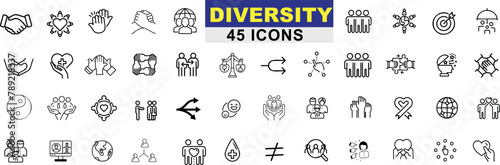 Diversity icon set, 45 inclusive icons, equality, unity, global harmony. Symbols for family, abilities, communication,  music, global concepts
