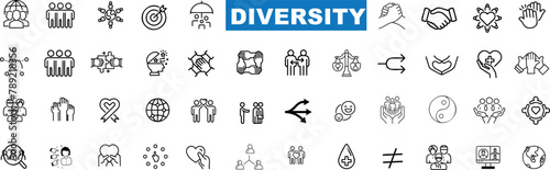 Diversity, inclusion, unity icon set. Black line icons on white background. Equality, global unity, partnership symbols © Arafat