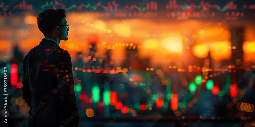 An executive style person look seriously at colorful digital graphic about business or economic growth An executive style person look seriously at colorful digital graphic about business or economic growth