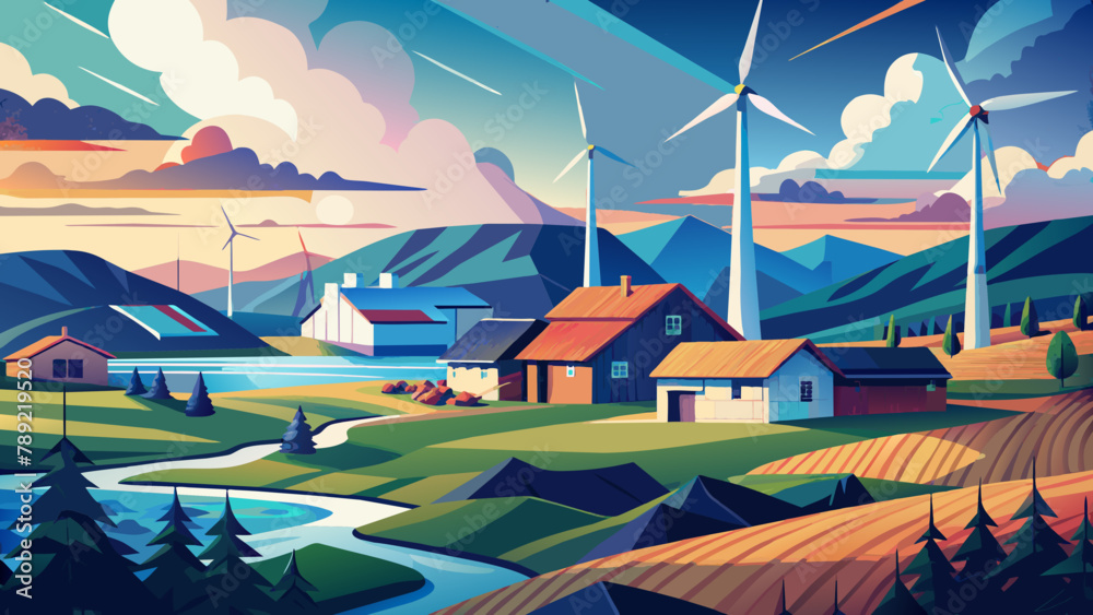 Energía eólica: una colorida ilustración vectorial.Eco - energía del futuro: generadores eólicos en estilo digital brillante.Energía eólica.wind, aerogeneradores, Landscape, eco Energy, digital,
