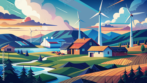 Energía eólica: una colorida ilustración vectorial.Eco - energía del futuro: generadores eólicos en estilo digital brillante.Energía eólica.wind, aerogeneradores, Landscape, eco Energy, digital,