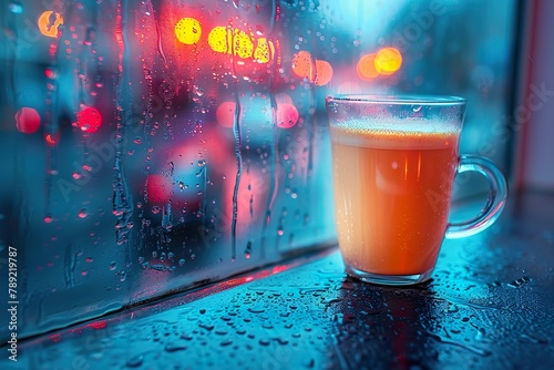 Frothy hot drink by the window with copy space hot chocolate or coffee,water color neon color style