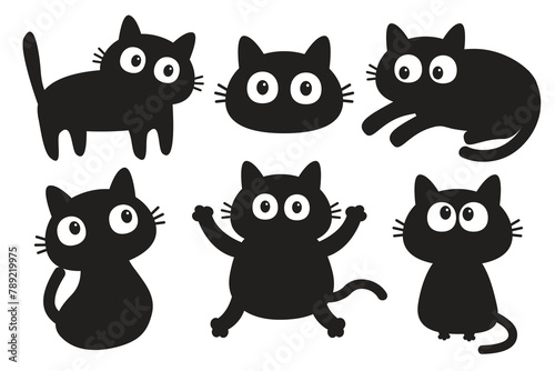 Cat set. Nail claw scratch, sitting, laying, sleeping, looking. Black kitten with big eyes face. Cute cartoon kawaii funny baby pet character. Flat design. Sticker print. White background Vector © worldofvector