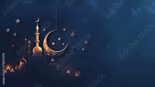 Serene Nighttime Mosque Illuminated by Lanterns and Stars photo
