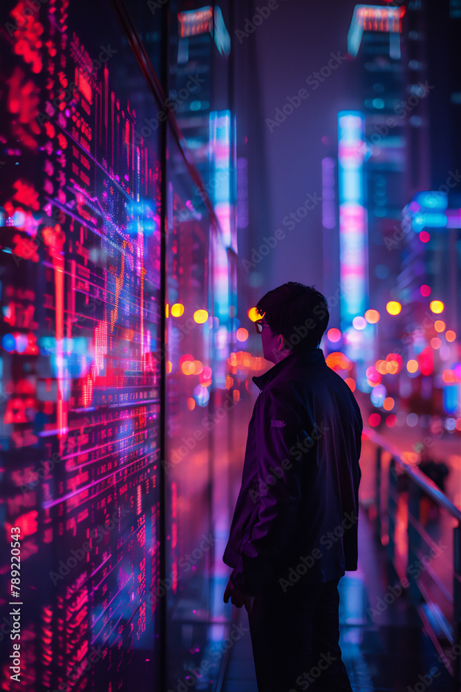 An executive style person look seriously at purple digital graphic about business or economic growth An executive style person look seriously at purple digital graphic about business or economic growth