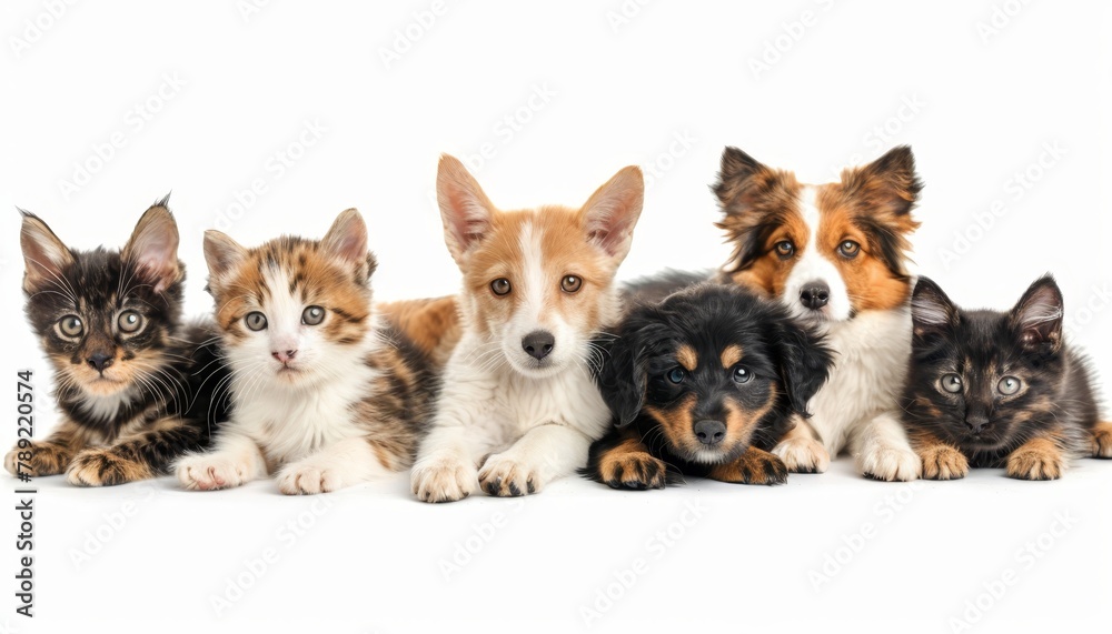 Assorted cats and dogs in studio  high quality image on white background with space for text