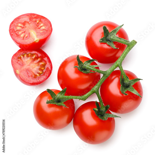 Cherry tomatoes and halves close-up on a white background. Top view