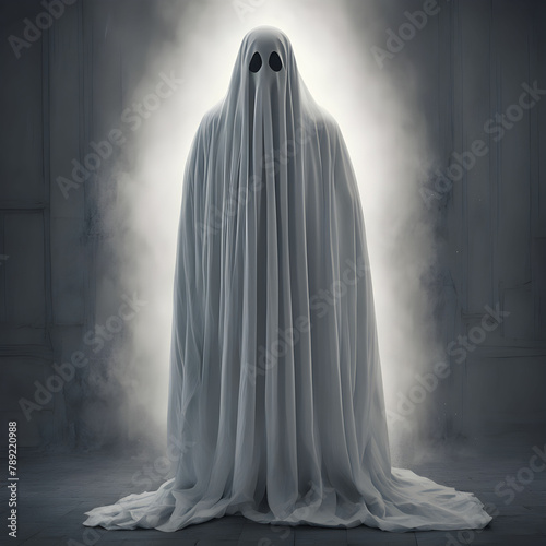 ghost coming out of the foggy room with white cloth and shadow