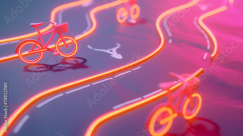 3D render of a bike lane with orange bicycles and route lines on a pink background. vector illustration for cycling apps or bike sharing services photo