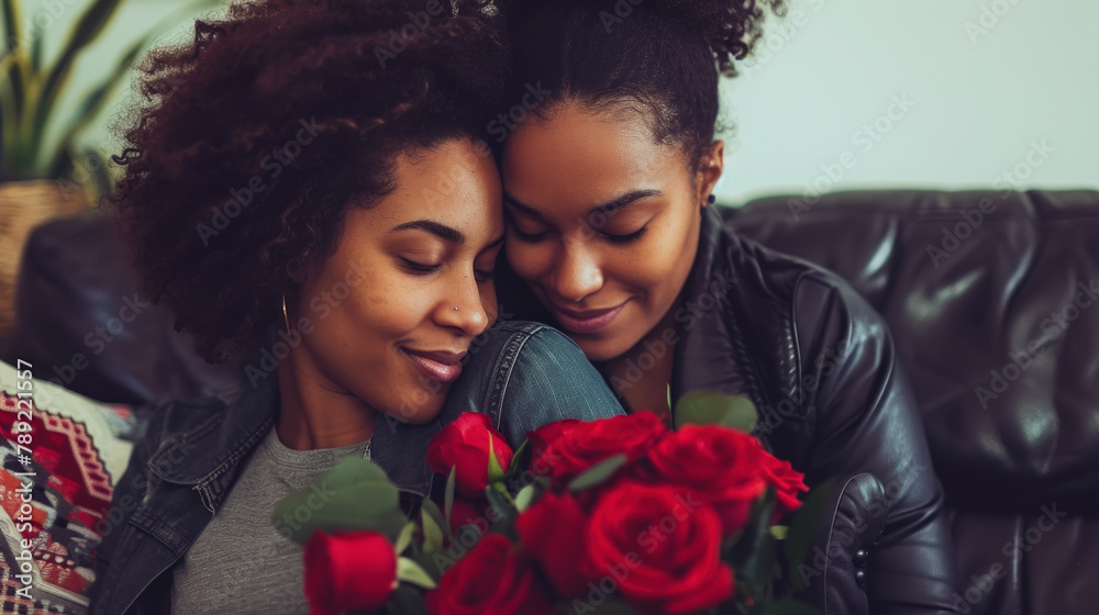 Happy young african american lesbian couple hugging with flowers. Engagement celebration. Pride concept. Generative AI