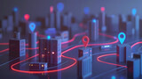 3D render of a cityscape with blue pins and route lines on a gray background. vector illustration for urban planning applications or city navigation services