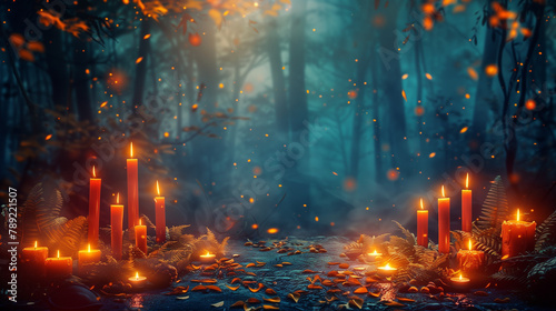 Magical forest with candles , Halloween concept background with copy space in center