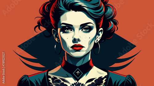 Chica gótica en tatuaje de plantilla: atrevida y Vintage.Chica gótica caliente roja: tatuaje de la plantilla para las camisetas.Hot Goth girl, stencil tattoo, vintage, edgy, for screen printing 