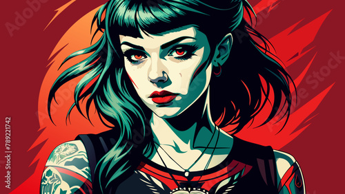 Chica gótica en tatuaje de plantilla: atrevida y Vintage.Chica gótica caliente roja: tatuaje de la plantilla para las camisetas.Hot Goth girl, stencil tattoo, vintage, edgy, for screen printing 