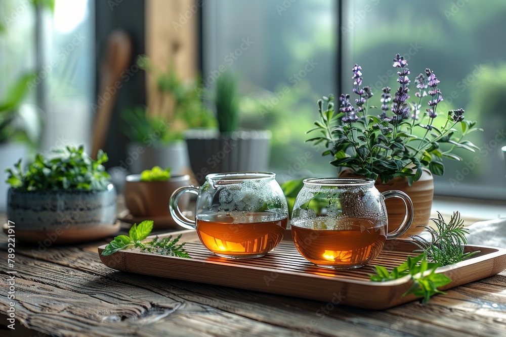 Two glass tea cups amidst fresh herbs with a serene backdrop, creating an atmosphere of peacefulness Two glass tea cups amidst fresh herbs with a serene backdrop, creating an atmosphere of peacefulness