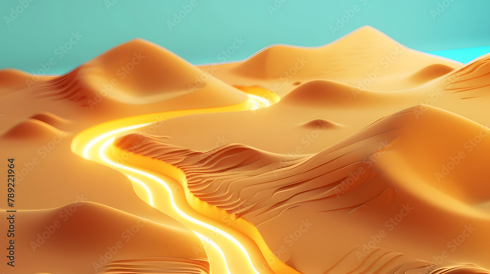 3D render of a desert trail with golden sand dunes and route lines on a ...