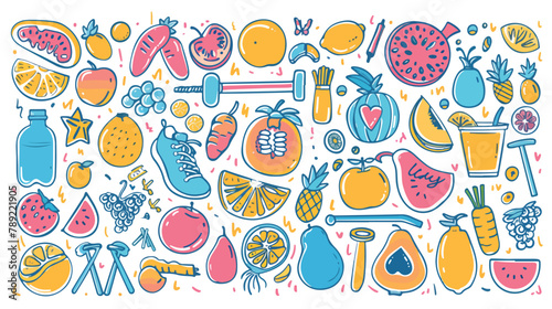 Healthy lifestyle hand drawn set. Collection colorful