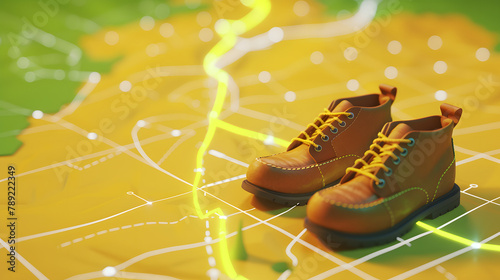 3D render of a footpath with brown shoes and route lines on a yellow background. vector illustration for fitness apps or pedestrian safety services