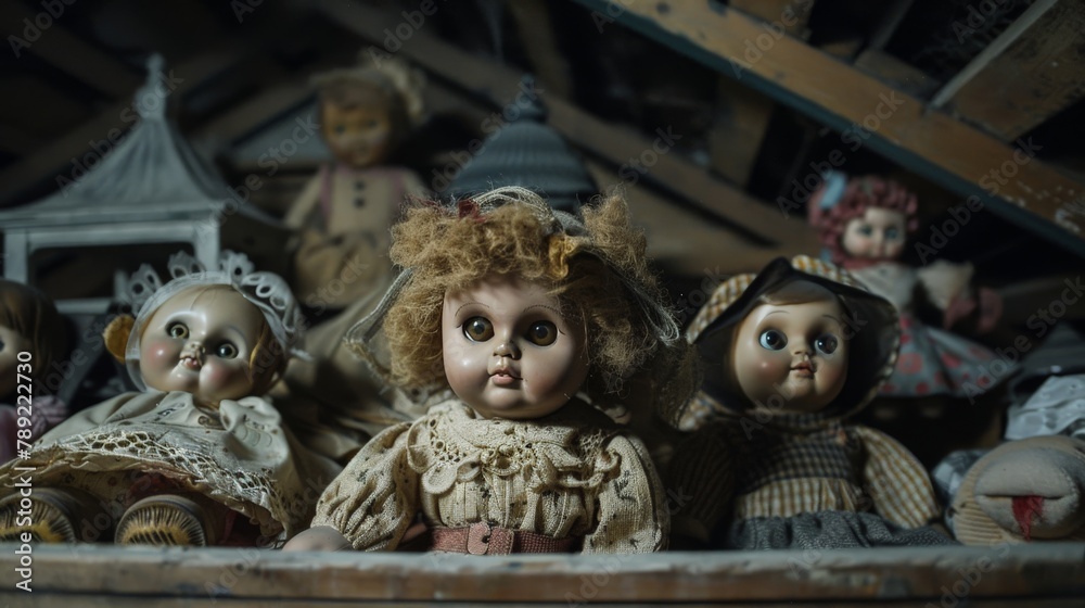 A spooky attic filled with old dolls and toys, with one toy's eyes seeming to follow the viewer