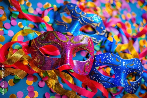 Vibrant Carnival Masks and Confetti on Blue Background with Copy Space for Text in Festive Celebration Theme