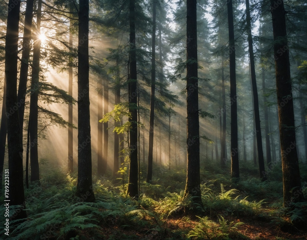 Mystical foggy forest with sun rays filtering through trees

