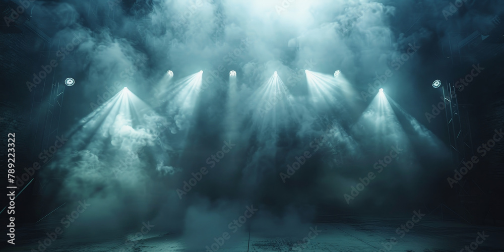 Obraz premium Empty concert stage with illuminated spotlights and smoke. Stage background , white spotlight and smoke 