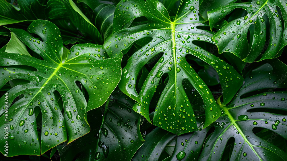 Fototapeta premium Close-up lush green monstera leaves adorned with rain or dew drops in a tropical setting at dawn