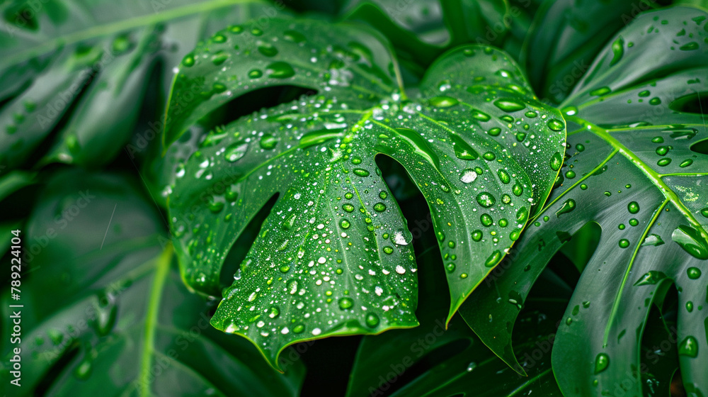 Close-up lush green monstera leaves adorned with rain or dew drops in a tropical setting at dawn Close-up lush green monstera leaves adorned with rain or dew drops in a tropical setting at dawn
